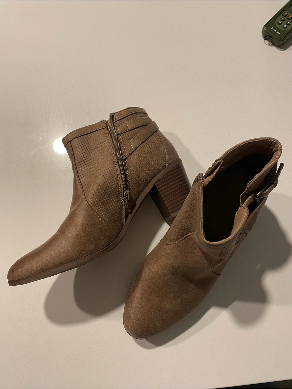 Kim Rogers Taupe Brown Faux-Leather Ankle Booties with Stacked Heel
